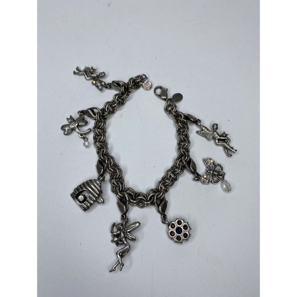 Vintage Kirk's Folly Silver tone Charm Bracelet Fairy Bees Flowers Rhinestone 8"